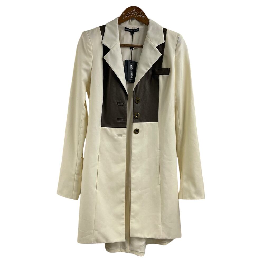 Fashion Star Long Sleek Jacket Saks Fifth Ave Ivory Brown Leather $428
